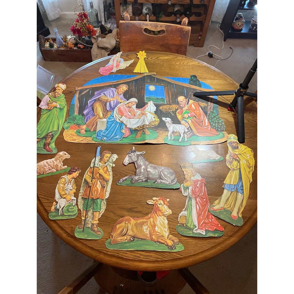 Vintage Cardboard Nativity Scene Cutout Set Christmas Decor Mid Century 12 Piece